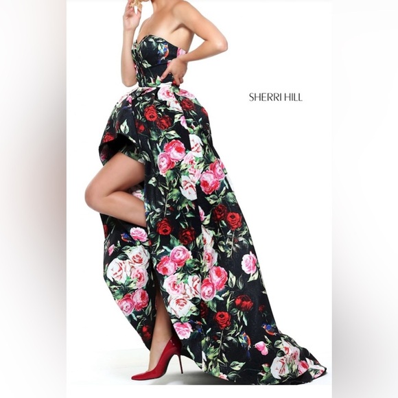 Sherri Hill Black Dress  with Red and Pink Floral Design - Picture 1 of 12